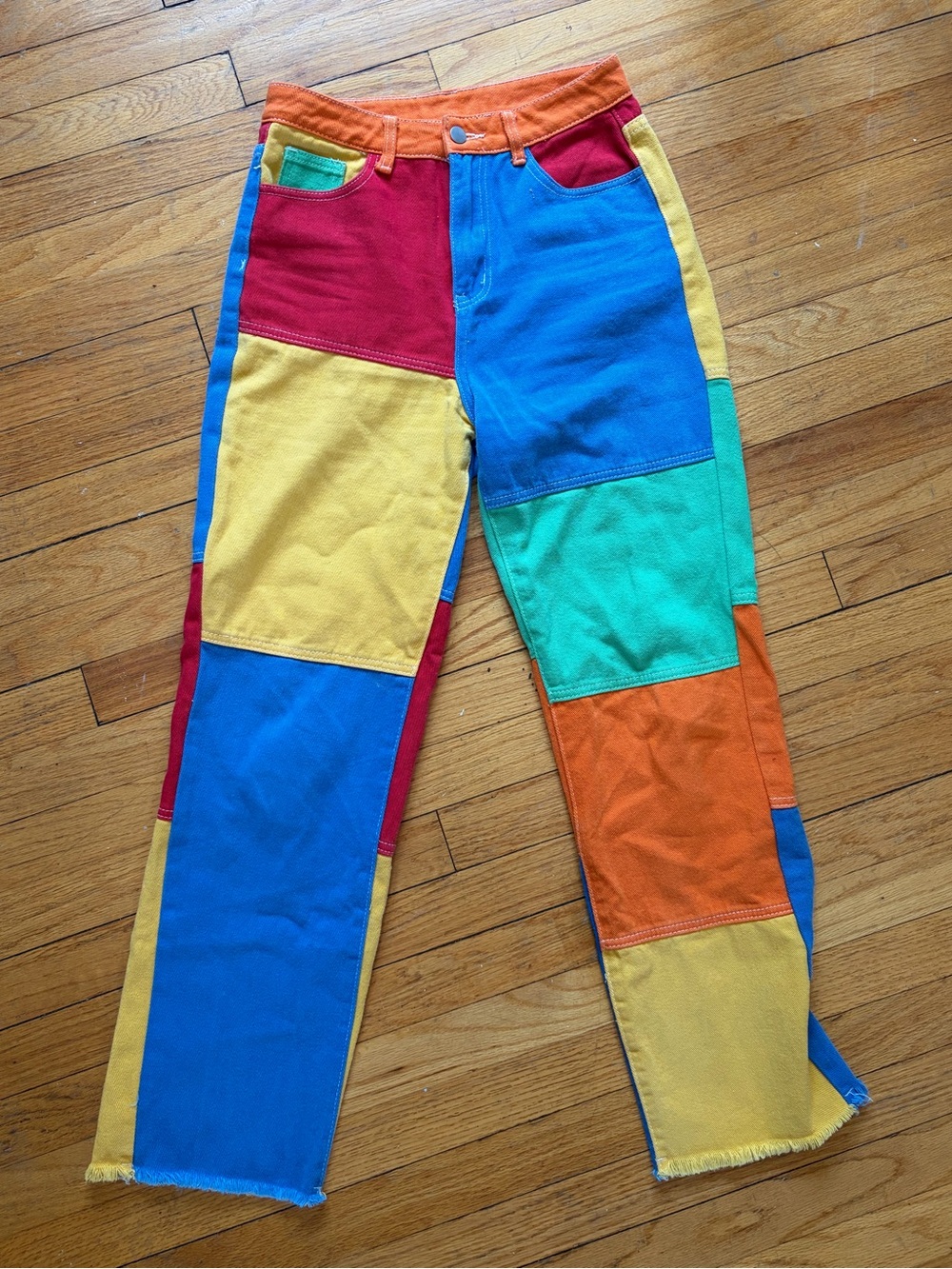 Colorblock Raw Hem Straight Leg Jeans